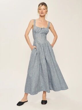 Reformation Balia Linen Dress in Slate Check